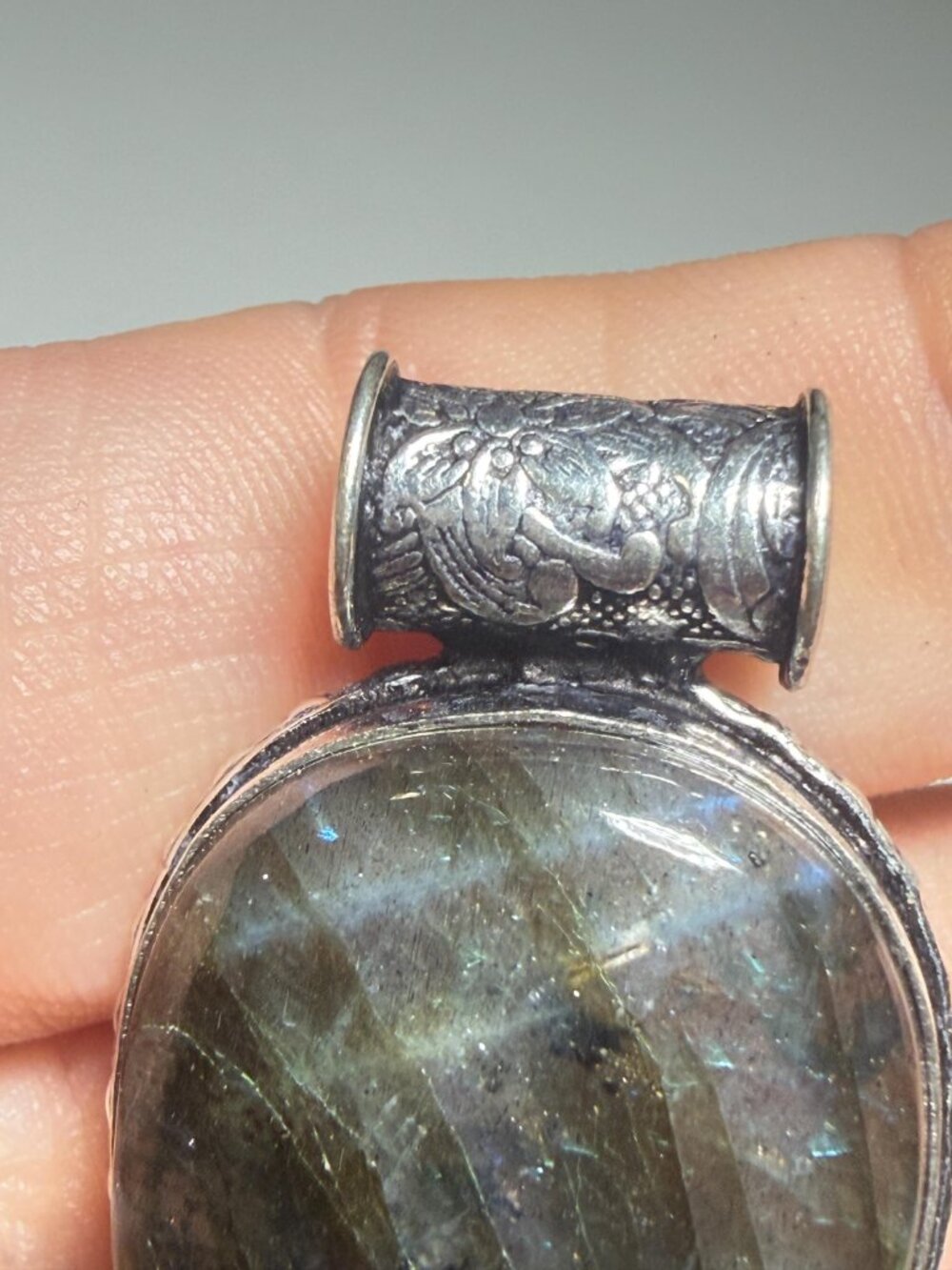Labradorite Pendant | Blue Green Flash | Teardrop | Hollow Bale | 2 Inches - Picture 6 of 10